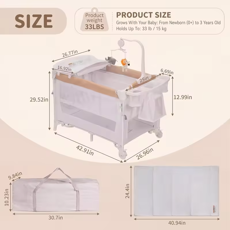 5-in-1 Playard for Babies with Bassinet, Changing Station,Portable Crib & Playpen, Breathable Mesh,Firm Mattress & One-Hand Fold