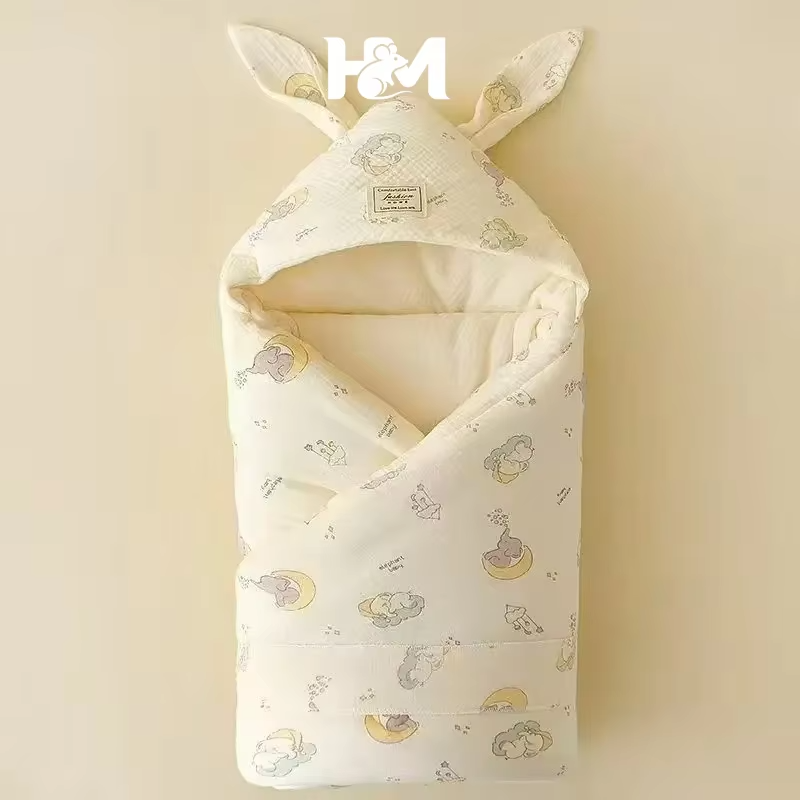 Crinkle Cotton Newborn Swaddle Blanket with Bunny Ears Quilted Hospital Delivery Wrap Extra Soft Thermal Baby Swaddling