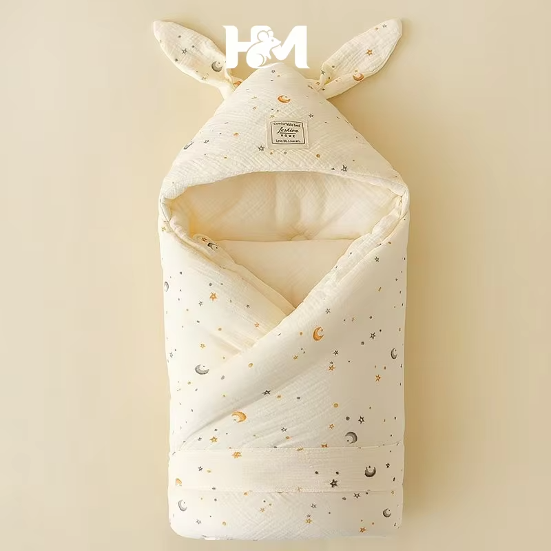 Crinkle Cotton Newborn Swaddle Blanket with Bunny Ears Quilted Hospital Delivery Wrap Extra Soft Thermal Baby Swaddling