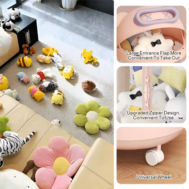 【Dustproof & Cute Cartoon】Large Plush Toy Storage Bucket - Doll Organizer Barrel for Kids Room, Foldable & Easy to Clean