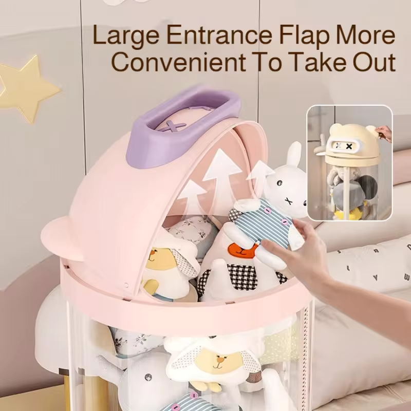【Dustproof & Cute Cartoon】Large Plush Toy Storage Bucket - Doll Organizer Barrel for Kids Room, Foldable & Easy to Clean
