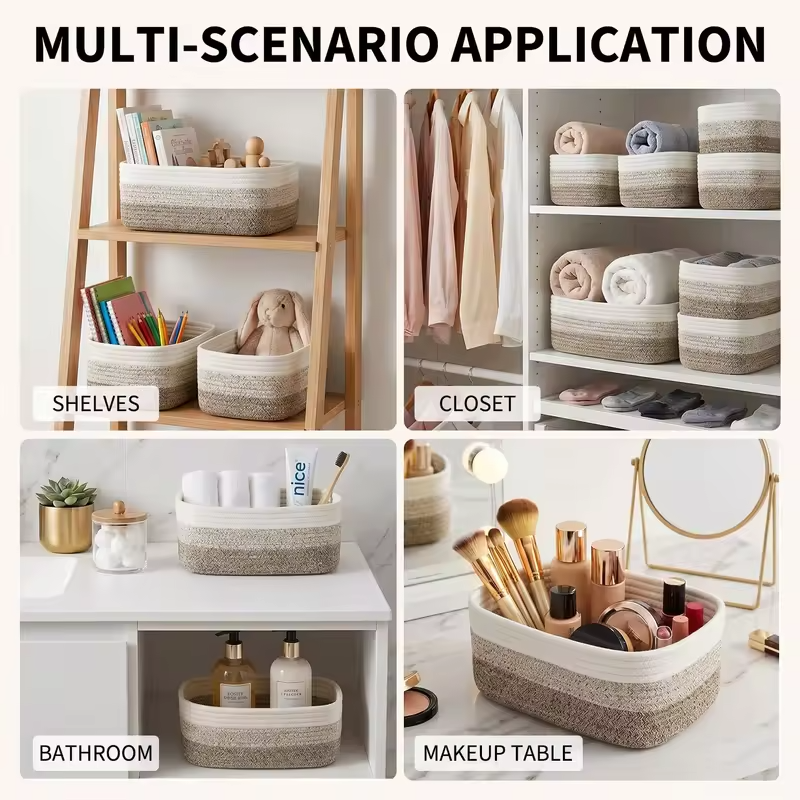 3/6 Pack Cotton Rope Woven Storage Baskets, Rectangular Shelf Organizer Bins For Closet Bathroom Nursery Toys Makeup, 11.8 x 7.5 in