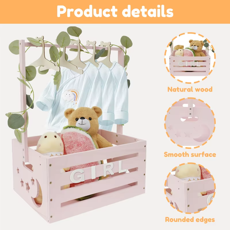 Wooden Baby Shower Crate Closet Baby Basket with Handle Baby Storage Crate Hamper Baby Shower Wooden Gift Crate for New Parent
