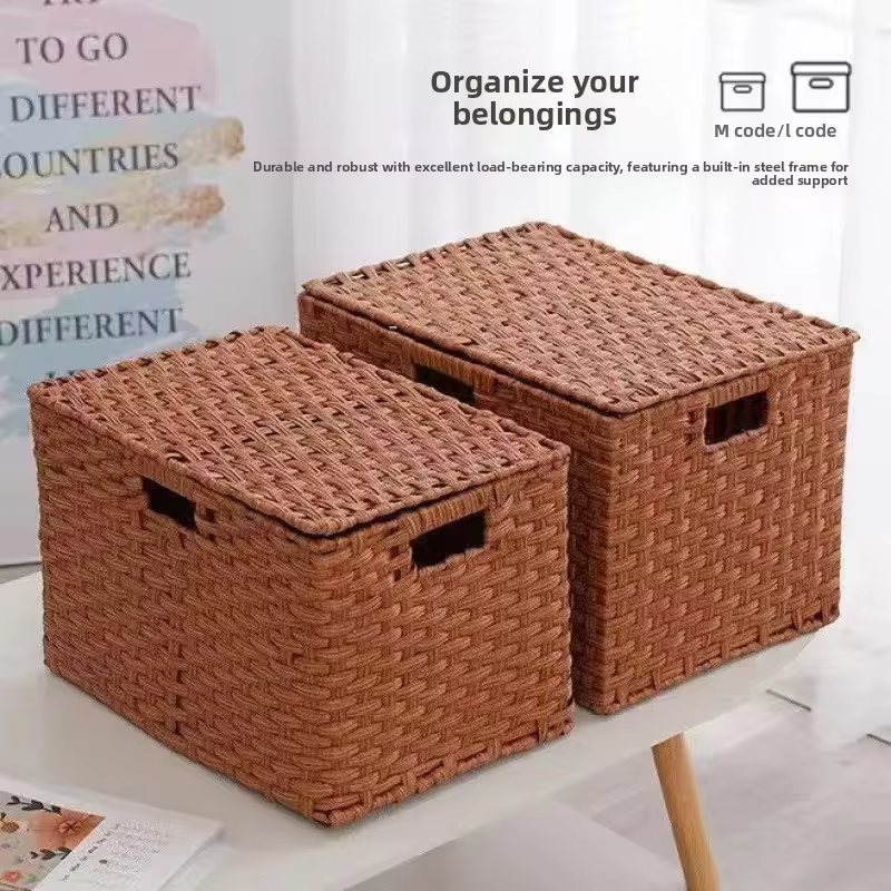 Covered Woven Storage Basket Multi Functional Organizer Box with Handle for Bedroom Living Room Household Storage Organizador