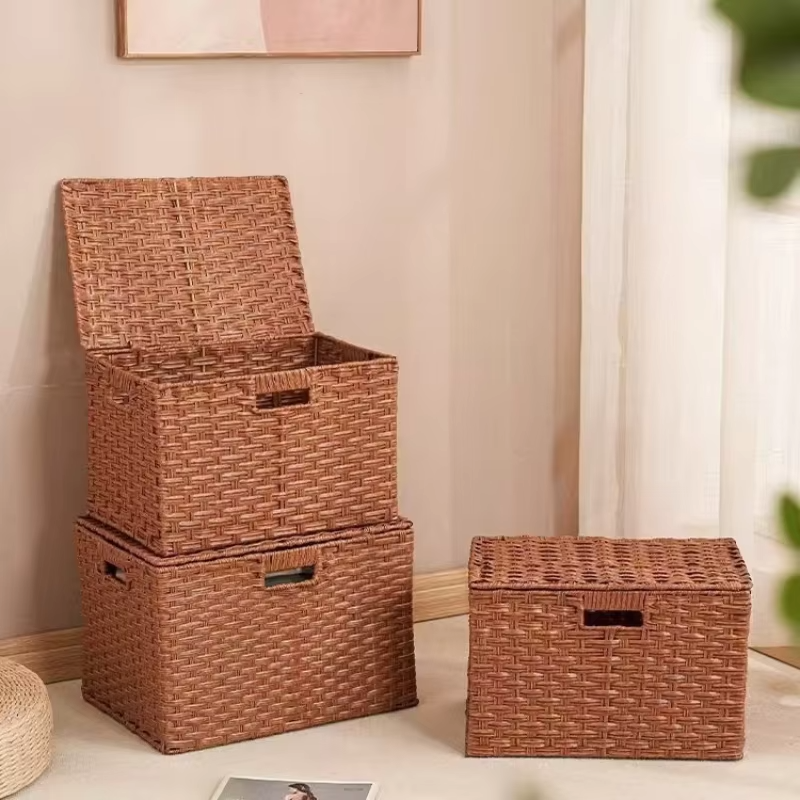 Covered Woven Storage Basket Multi Functional Organizer Box with Handle for Bedroom Living Room Household Storage Organizador