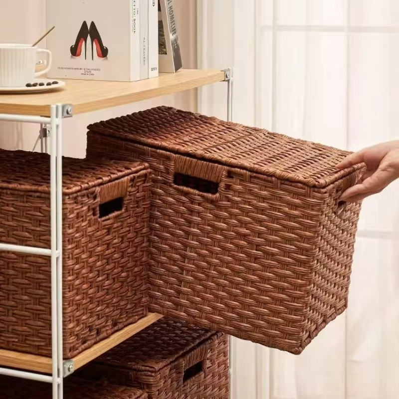 Covered Woven Storage Basket Multi Functional Organizer Box with Handle for Bedroom Living Room Household Storage Organizador