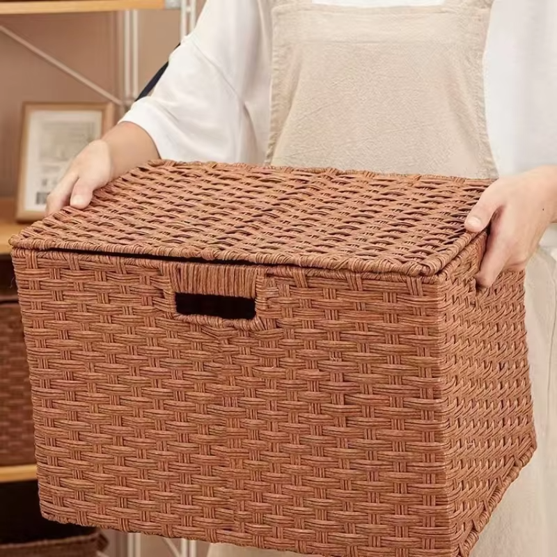 Covered Woven Storage Basket Multi Functional Organizer Box with Handle for Bedroom Living Room Household Storage Organizador