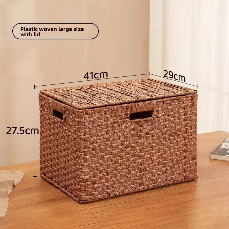 Covered Woven Storage Basket Multi Functional Organizer Box with Handle for Bedroom Living Room Household Storage Organizador