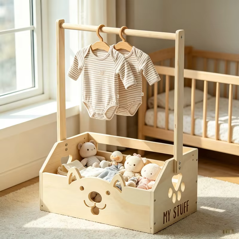 Wooden Baby Shower Crate Basket with Hangers Nursery Storage Box Easy To Install Universal for Newborn New Parents Welcome Gifts