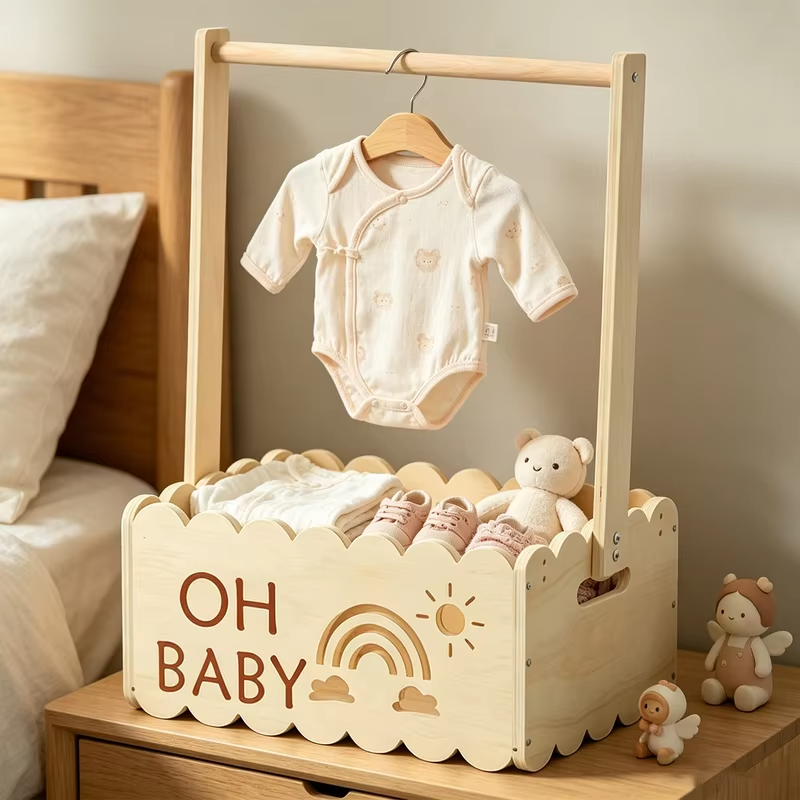 Wooden Baby Shower Crate Basket with Hangers Nursery Storage Box Easy To Install Universal for Newborn New Parents Welcome Gifts
