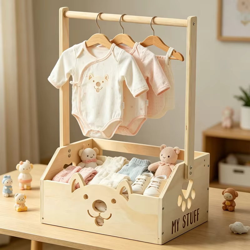 Wooden Baby Shower Crate Basket with Hangers Nursery Storage Box Easy To Install Universal for Newborn New Parents Welcome Gifts