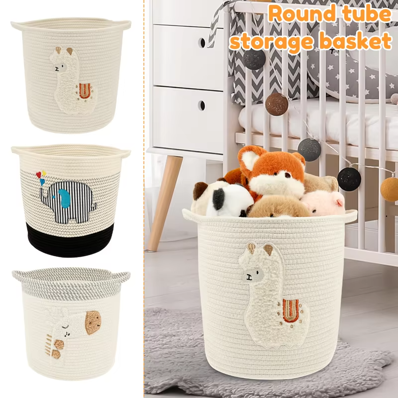 Large Capacity Storage Basket Cylindrical Cotton Rope Laundry Basket with Handle Cute Cartoon Home Foldable Toy Storage Basket