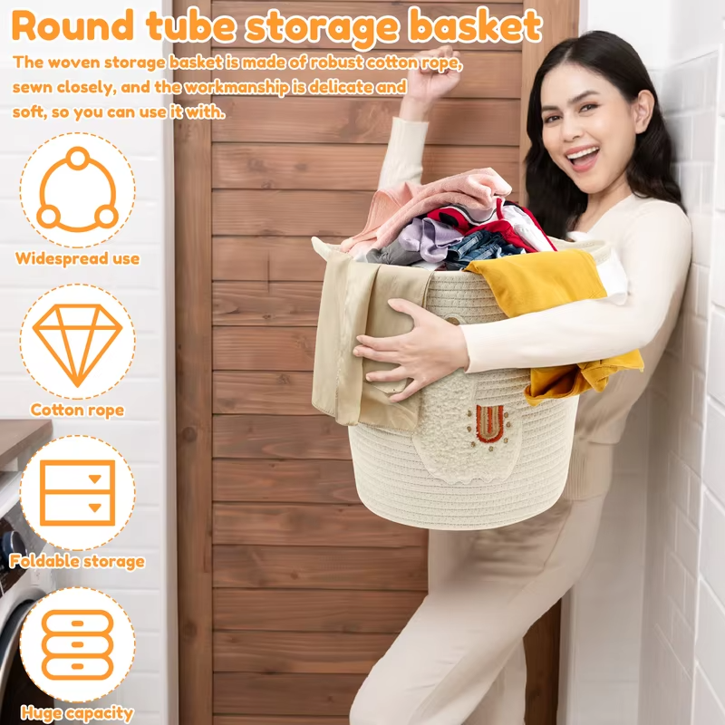 Large Capacity Storage Basket Cylindrical Cotton Rope Laundry Basket with Handle Cute Cartoon Home Foldable Toy Storage Basket