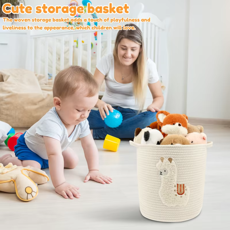 Large Capacity Storage Basket Cylindrical Cotton Rope Laundry Basket with Handle Cute Cartoon Home Foldable Toy Storage Basket