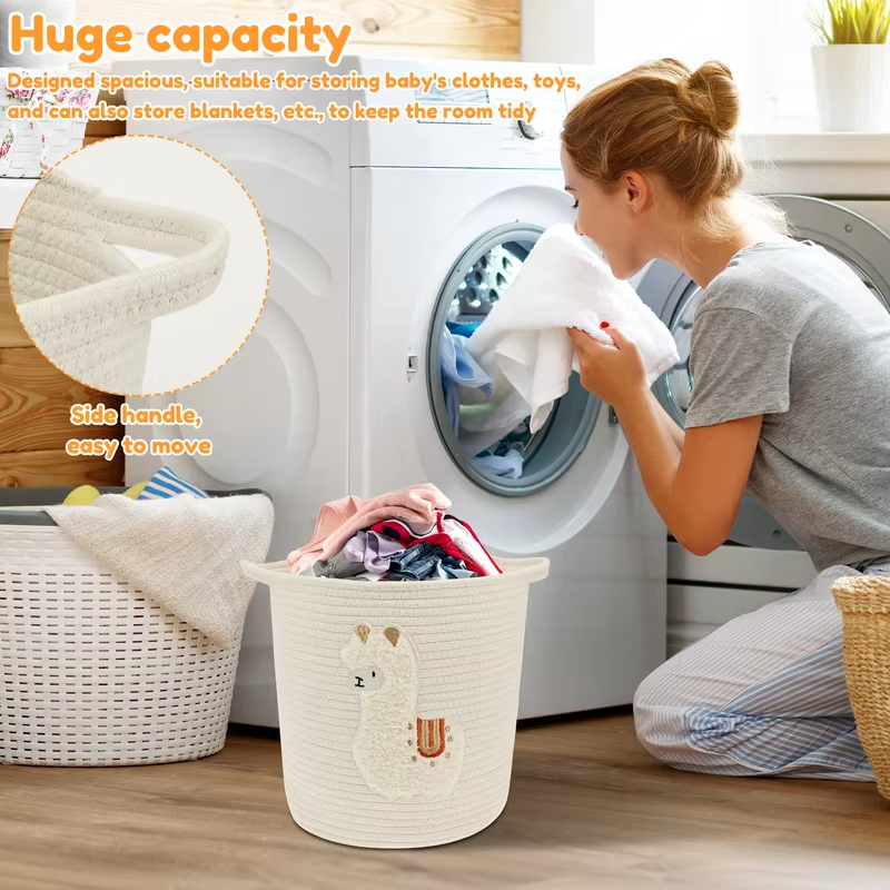 Large Capacity Storage Basket Cylindrical Cotton Rope Laundry Basket with Handle Cute Cartoon Home Foldable Toy Storage Basket