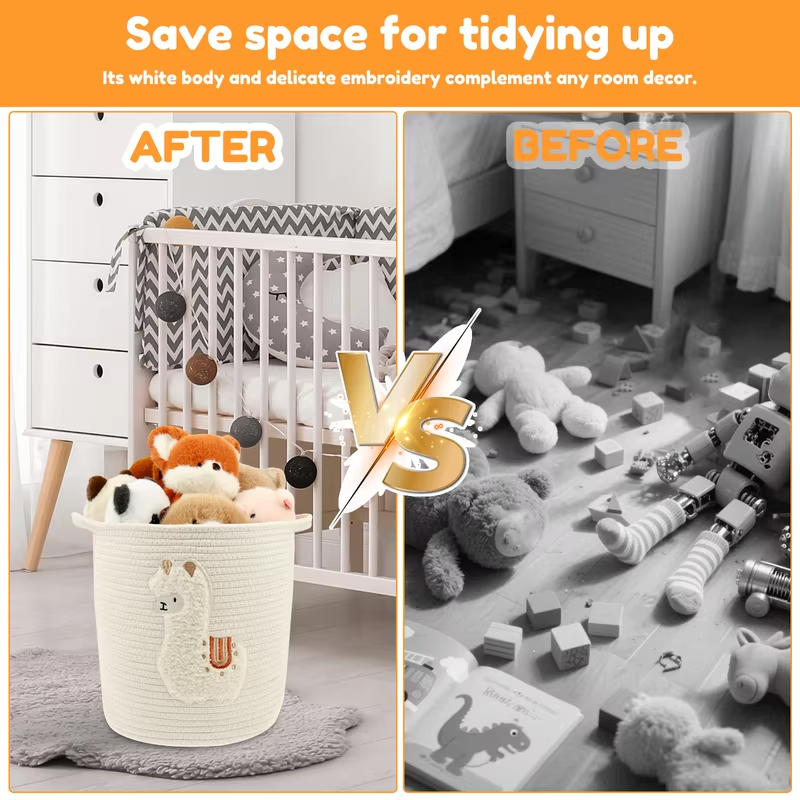 Large Capacity Storage Basket Cylindrical Cotton Rope Laundry Basket with Handle Cute Cartoon Home Foldable Toy Storage Basket