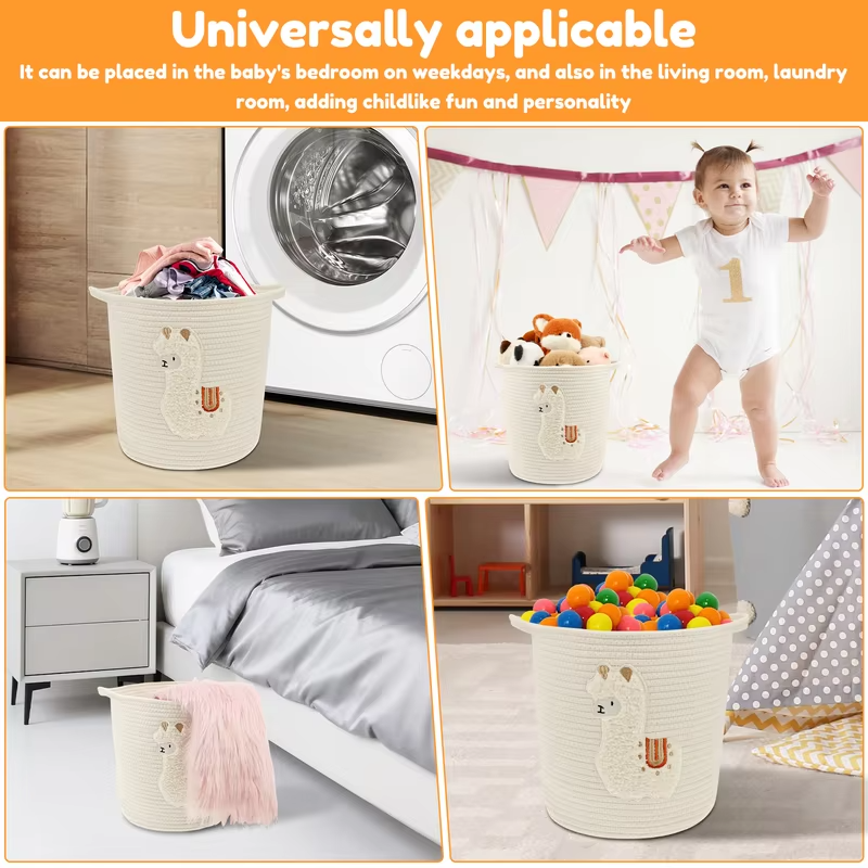 Large Capacity Storage Basket Cylindrical Cotton Rope Laundry Basket with Handle Cute Cartoon Home Foldable Toy Storage Basket