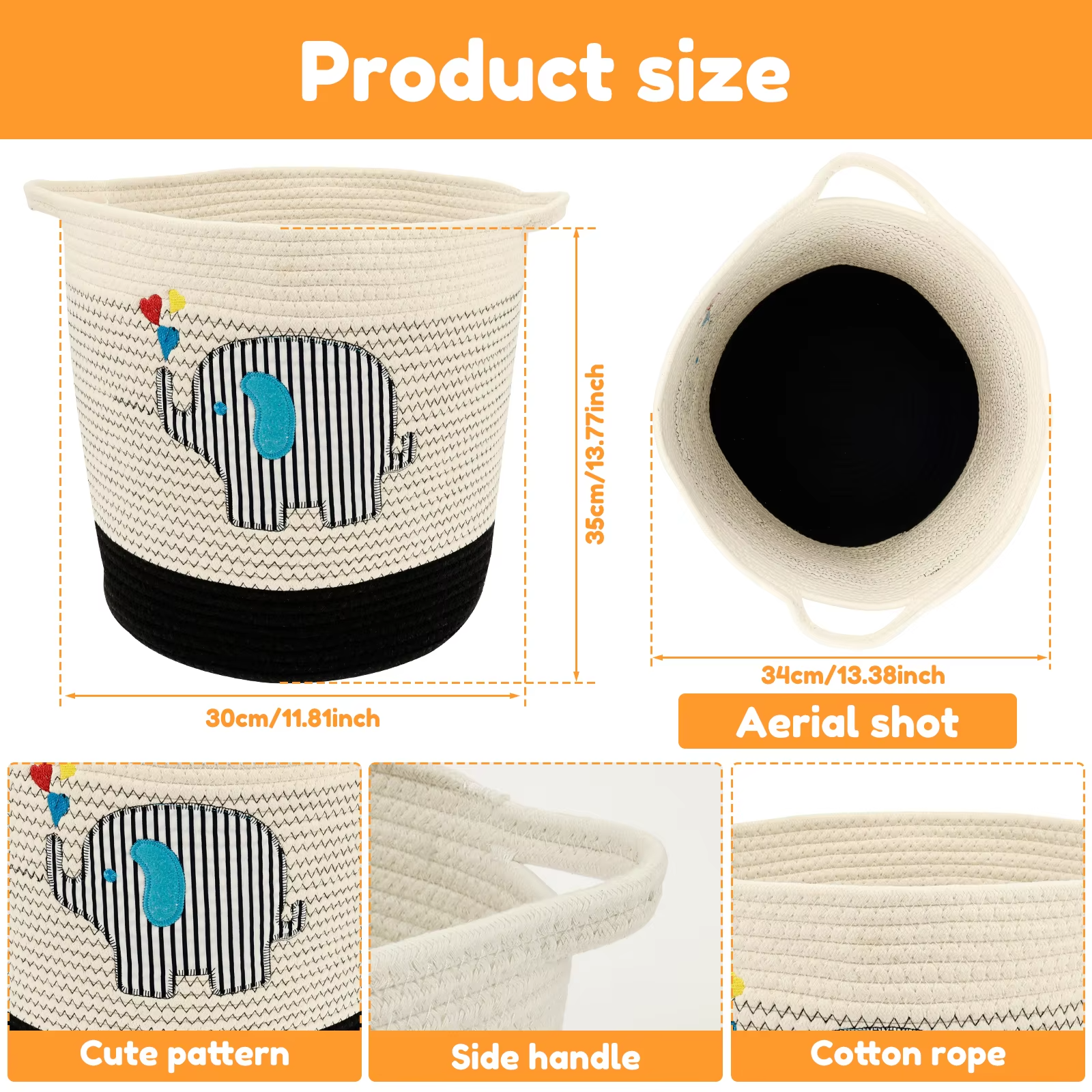Large Capacity Storage Basket Cylindrical Cotton Rope Laundry Basket with Handle Cute Cartoon Home Foldable Toy Storage Basket