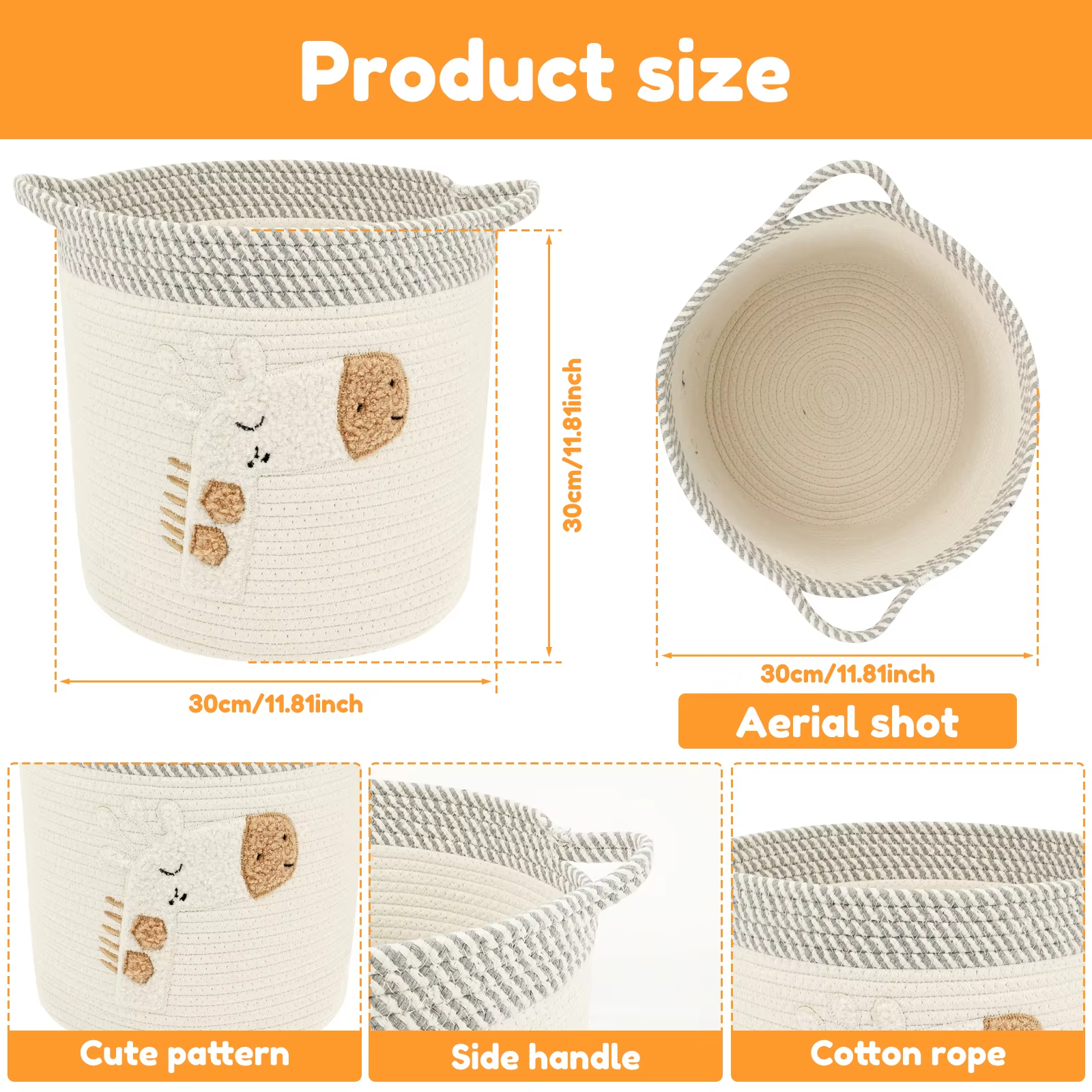 Large Capacity Storage Basket Cylindrical Cotton Rope Laundry Basket with Handle Cute Cartoon Home Foldable Toy Storage Basket