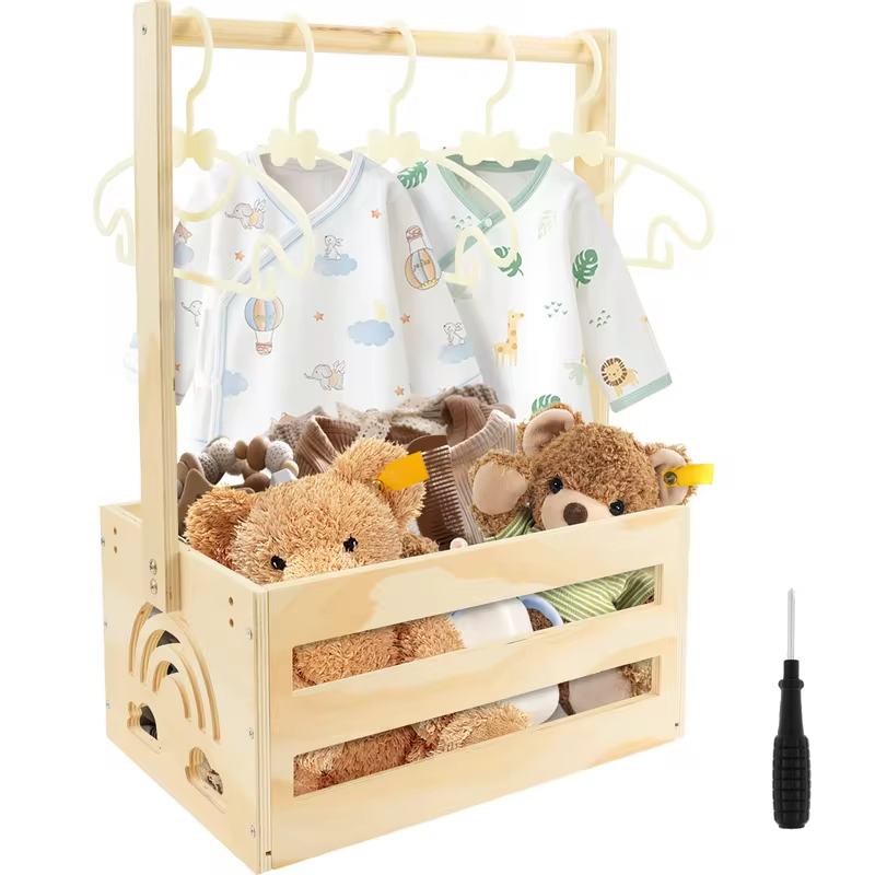 Wood Baby Shower Storage Basket Large Capacity Toy Storage Basket with Handle and Hanger Multipurpose Gift Basket for Boys Girls