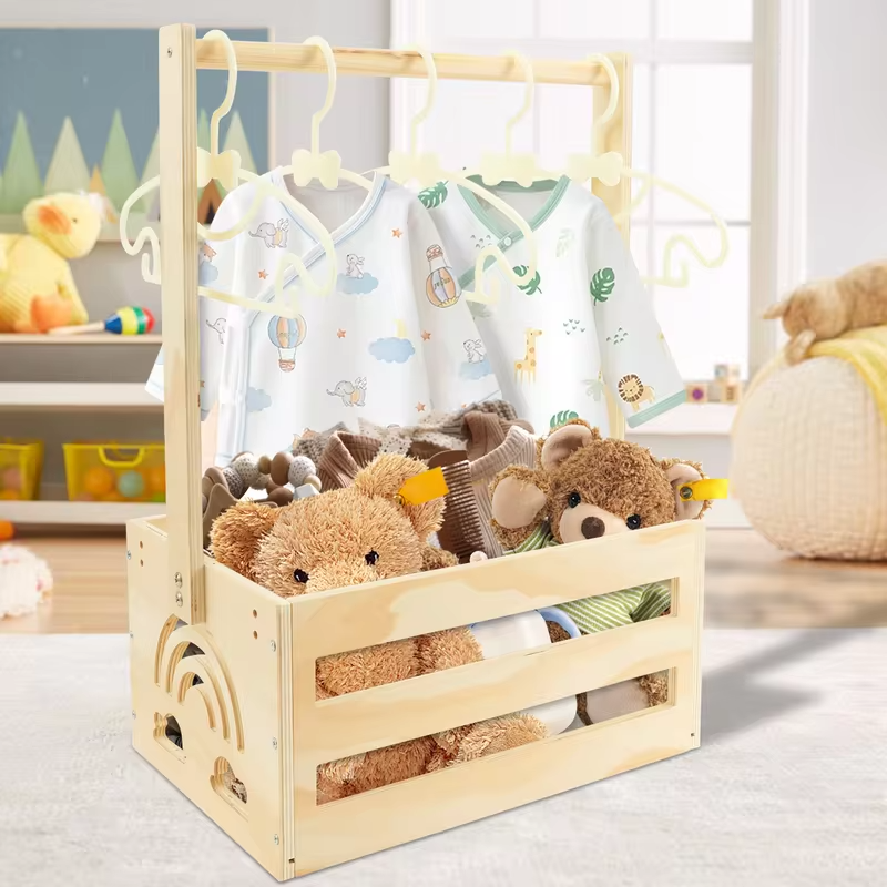 Wood Baby Shower Storage Basket Large Capacity Toy Storage Basket with Handle and Hanger Multipurpose Gift Basket for Boys Girls