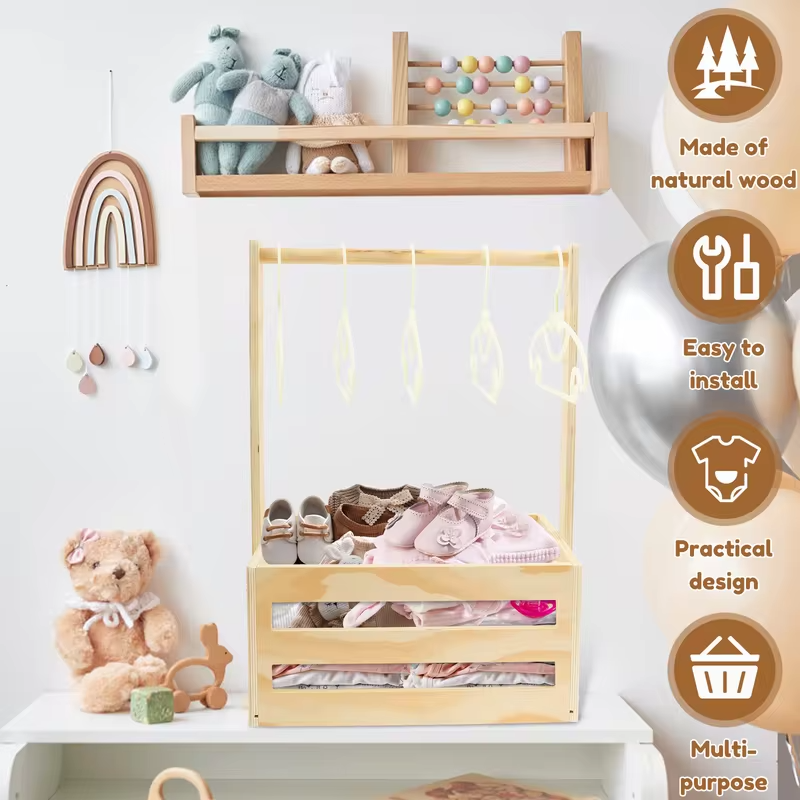 Wood Baby Shower Storage Basket Large Capacity Toy Storage Basket with Handle and Hanger Multipurpose Gift Basket for Boys Girls