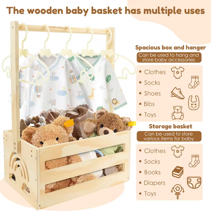 Wood Baby Shower Storage Basket Large Capacity Toy Storage Basket with Handle and Hanger Multipurpose Gift Basket for Boys Girls