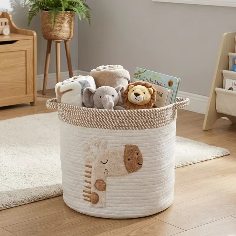 Cotton Rope Kids Toy Basket Cute Giraffe Embroidery Laundry Hamper Nursery Basket for Bathroom Home Decor