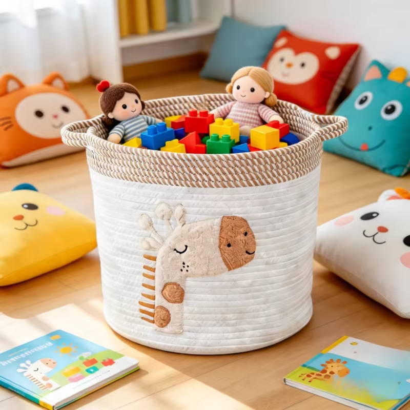 Cotton Rope Kids Toy Basket Cute Giraffe Embroidery Laundry Hamper Nursery Basket for Bathroom Home Decor