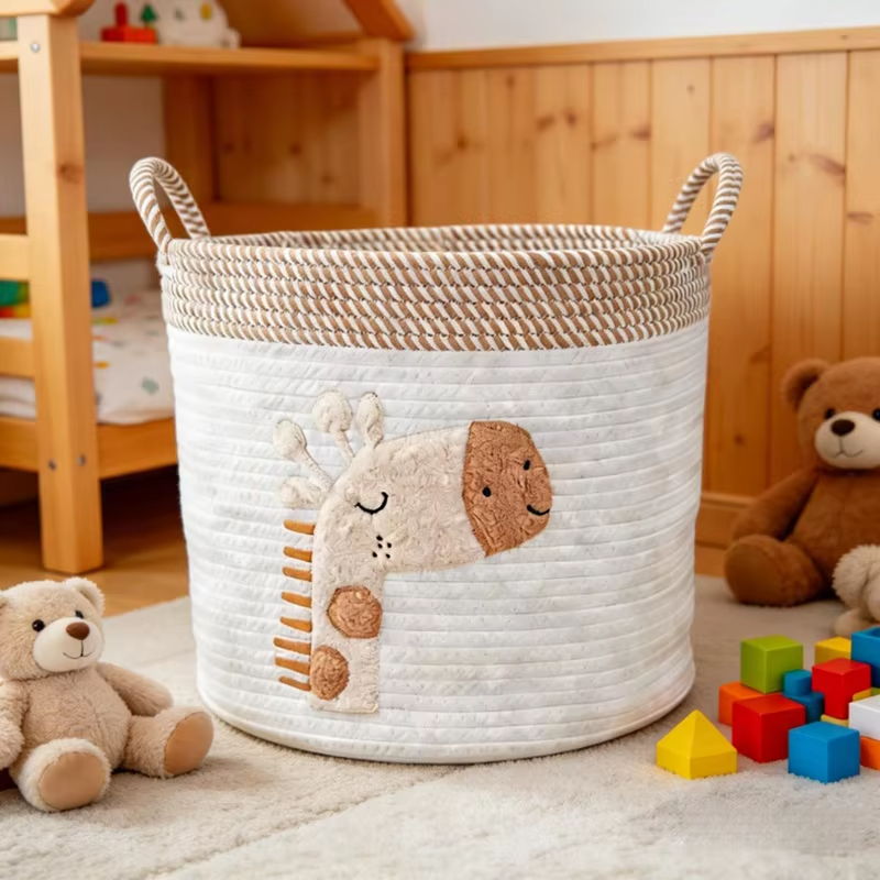 Cotton Rope Kids Toy Basket Cute Giraffe Embroidery Laundry Hamper Nursery Basket for Bathroom Home Decor