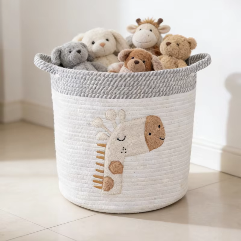 Cotton Rope Kids Toy Basket Cute Giraffe Embroidery Laundry Hamper Nursery Basket for Bathroom Home Decor